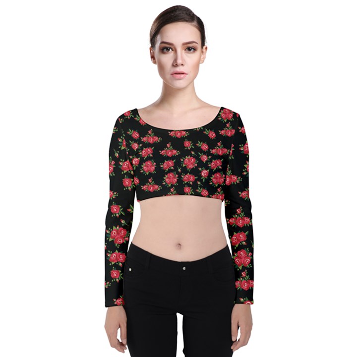 Red Roses Velvet Long Sleeve Crop Top