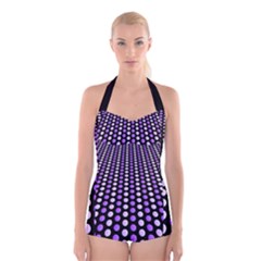 Purple And Pink Dots Pattern, Black Background Boyleg Halter Swimsuit  by Casemiro