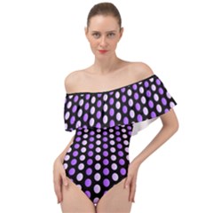 Purple And Pink Dots Pattern, Black Background Off Shoulder Velour Bodysuit  by Casemiro