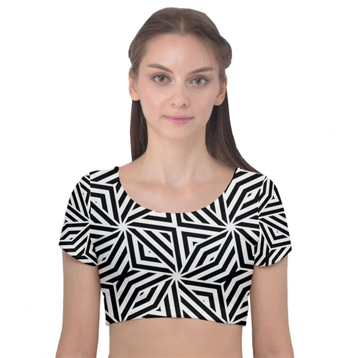 Black and white abstract lines, geometric pattern Velvet Short Sleeve Crop Top 