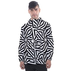 Black And White Abstract Lines, Geometric Pattern Men s Front Pocket Pullover Windbreaker by Casemiro