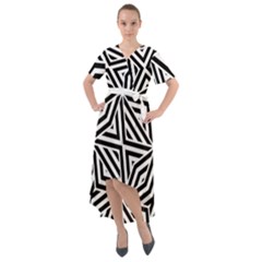 Black And White Abstract Lines, Geometric Pattern Front Wrap High Low Dress by Casemiro