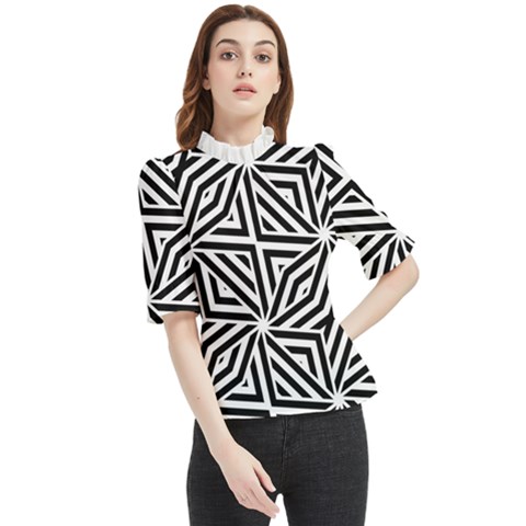 Black And White Abstract Lines, Geometric Pattern Frill Neck Blouse by Casemiro