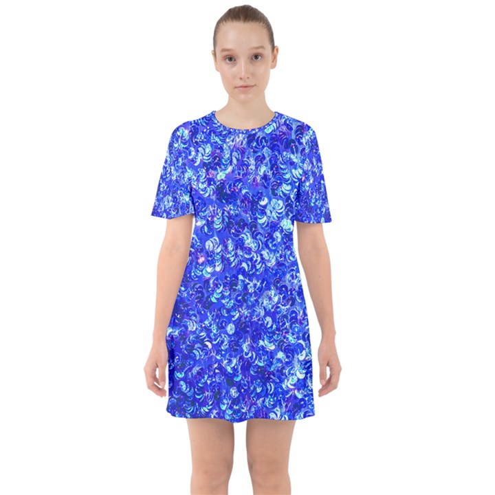 Blue Sequin Dreams Sixties Short Sleeve Mini Dress