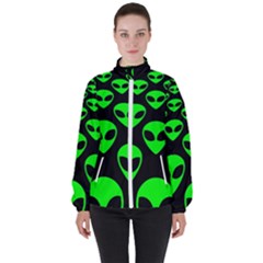 We are WATCHING you! Aliens pattern, UFO, faces Women s High Neck Windbreaker