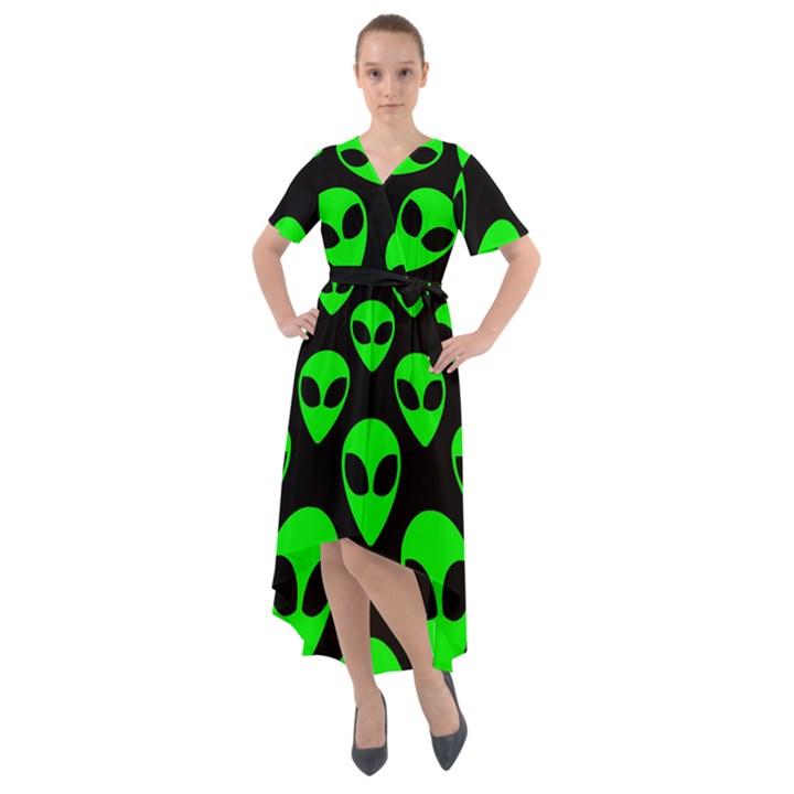 We are WATCHING you! Aliens pattern, UFO, faces Front Wrap High Low Dress