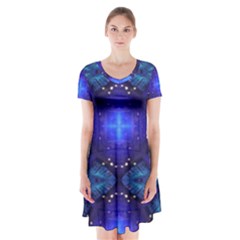 Blue Ornate Short Sleeve V-neck Flare Dress by Dazzleway