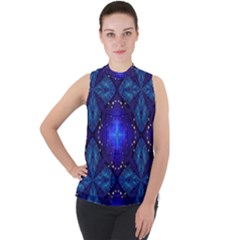 Blue Ornate Mock Neck Chiffon Sleeveless Top by Dazzleway