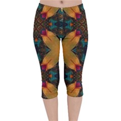 Teal And Orange Velvet Capri Leggings  by Dazzleway