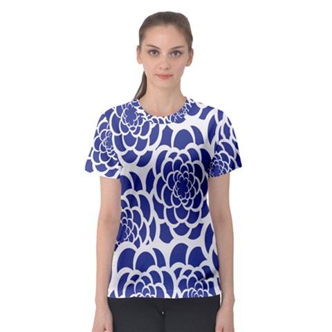 Blue And White Flower Background Women s Sport Mesh Tee by redcarpettees