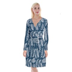 Blue Leaves Long Sleeve Velvet Front Wrap Dress by goljakoff