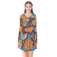 Butterfly And Flowers Long Sleeve V-neck Flare Dress by goljakoff