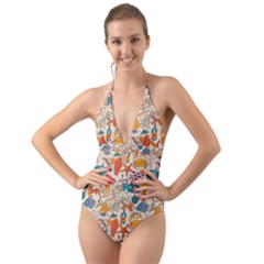 Sea Creatures Halter Cut-out One Piece Swimsuit by goljakoff