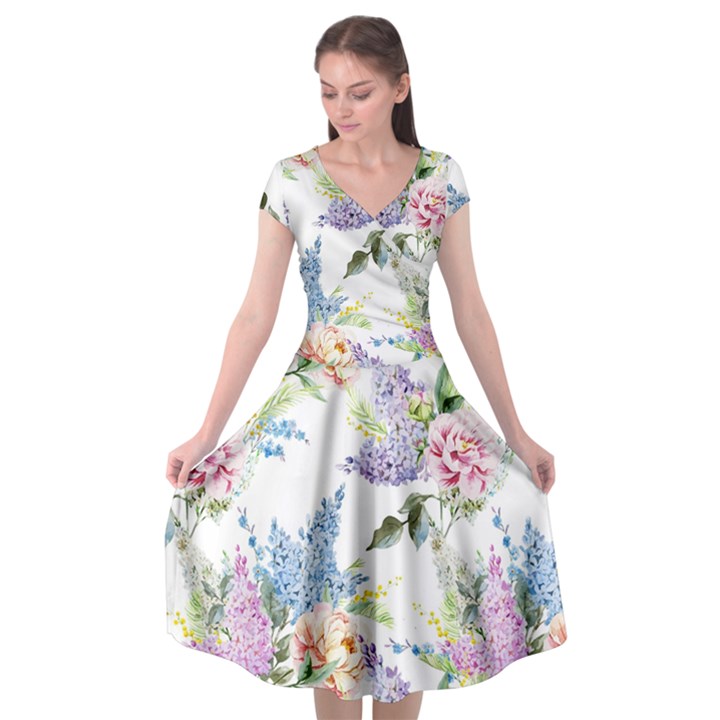 Flowers Cap Sleeve Wrap Front Dress