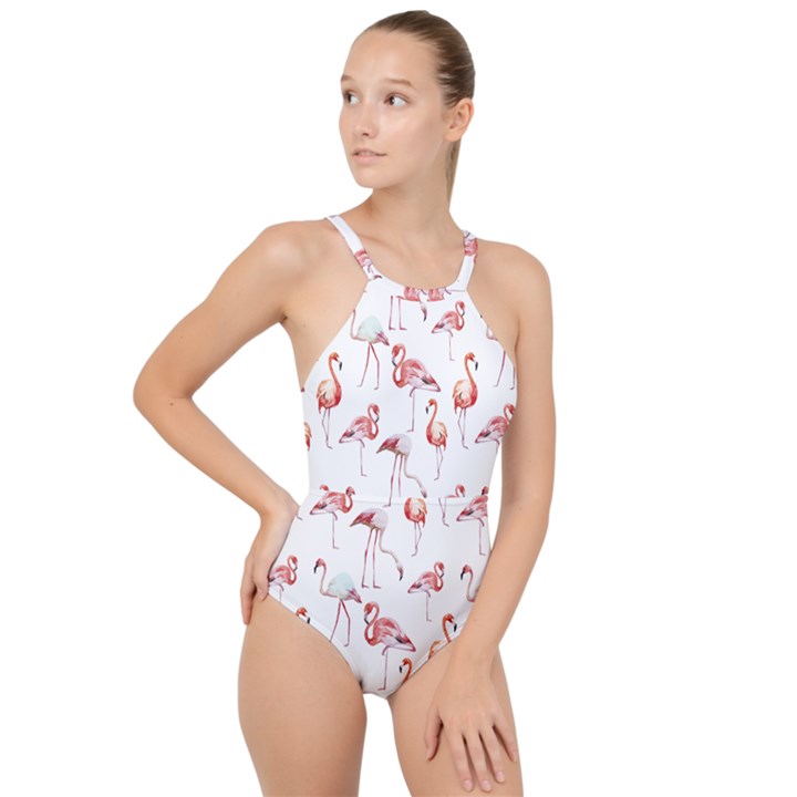 Rose flamingos High Neck One Piece Swimsuit