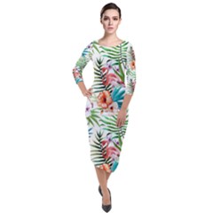 Tropical Flamingo Quarter Sleeve Midi Velour Bodycon Dress by goljakoff