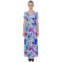 Purple Flowers High Waist Short Sleeve Maxi Dress by goljakoff