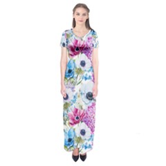 Purple Flowers Short Sleeve Maxi Dress by goljakoff