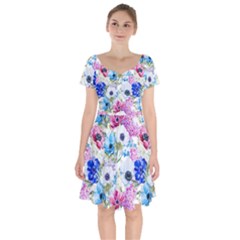 Purple Flowers Short Sleeve Bardot Dress by goljakoff