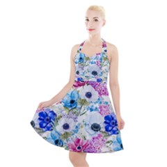 Purple Flowers Halter Party Swing Dress  by goljakoff