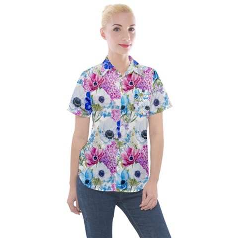 Purple Flowers Women s Short Sleeve Pocket Shirt by goljakoff