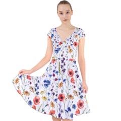 Flowers Pattern Cap Sleeve Front Wrap Midi Dress