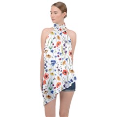 Flowers Pattern Halter Asymmetric Satin Top by goljakoff