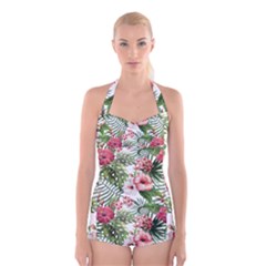 Tropical Flowers Boyleg Halter Swimsuit  by goljakoff