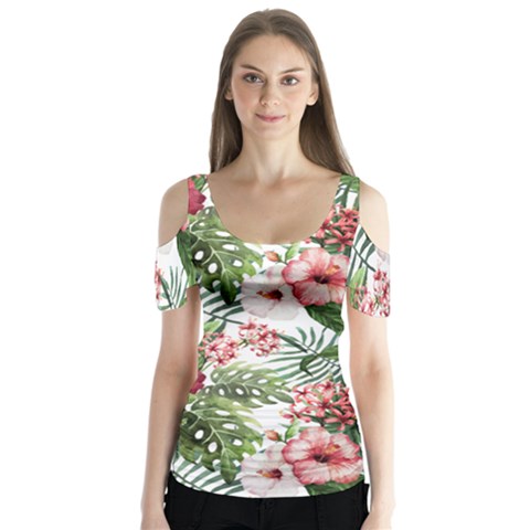 Tropical Flowers Butterfly Sleeve Cutout Tee  by goljakoff