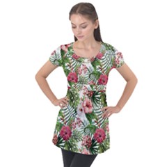 Tropical Flowers Puff Sleeve Tunic Top by goljakoff