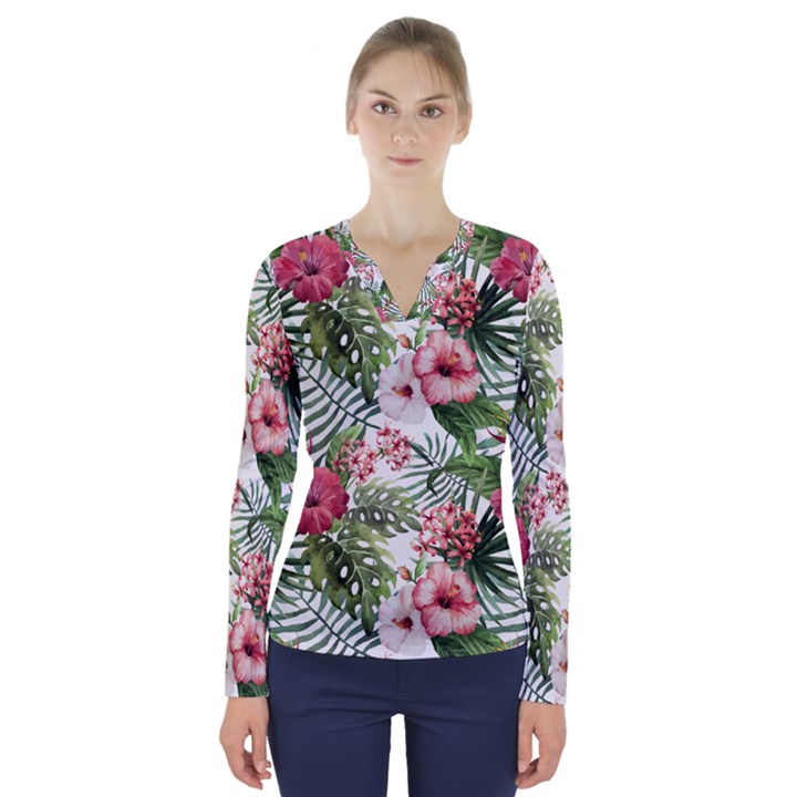 Tropical flowers V-Neck Long Sleeve Top