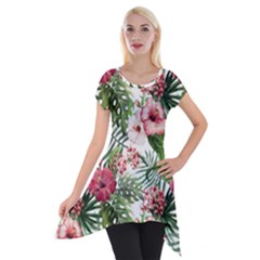 Tropical Flowers Short Sleeve Side Drop Tunic by goljakoff