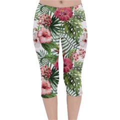 Tropical Flowers Velvet Capri Leggings  by goljakoff