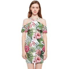 Tropical Flowers Shoulder Frill Bodycon Summer Dress by goljakoff