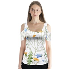 Summer Flowers Butterfly Sleeve Cutout Tee 