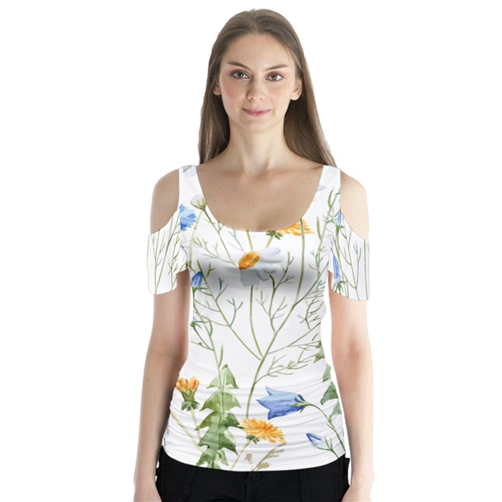 Summer flowers Butterfly Sleeve Cutout Tee 