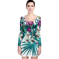 Tropical Flowers Long Sleeve Velvet Bodycon Dress by goljakoff