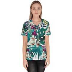 Tropical flowers Women s V-Neck Scrub Top