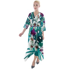 Tropical Flowers Quarter Sleeve Wrap Front Maxi Dress by goljakoff