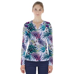 Tropical Flowers Pattern V-neck Long Sleeve Top by goljakoff