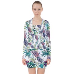 Tropical Flowers Pattern V-neck Bodycon Long Sleeve Dress by goljakoff