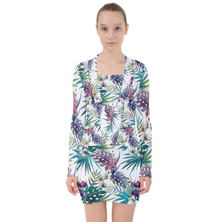 Tropical flowers pattern V-neck Bodycon Long Sleeve Dress