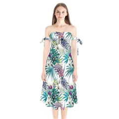 Tropical Flowers Pattern Shoulder Tie Bardot Midi Dress by goljakoff