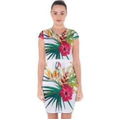 Tropical Flowers Capsleeve Drawstring Dress  by goljakoff