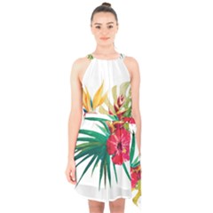 Tropical Flowers Halter Collar Waist Tie Chiffon Dress by goljakoff