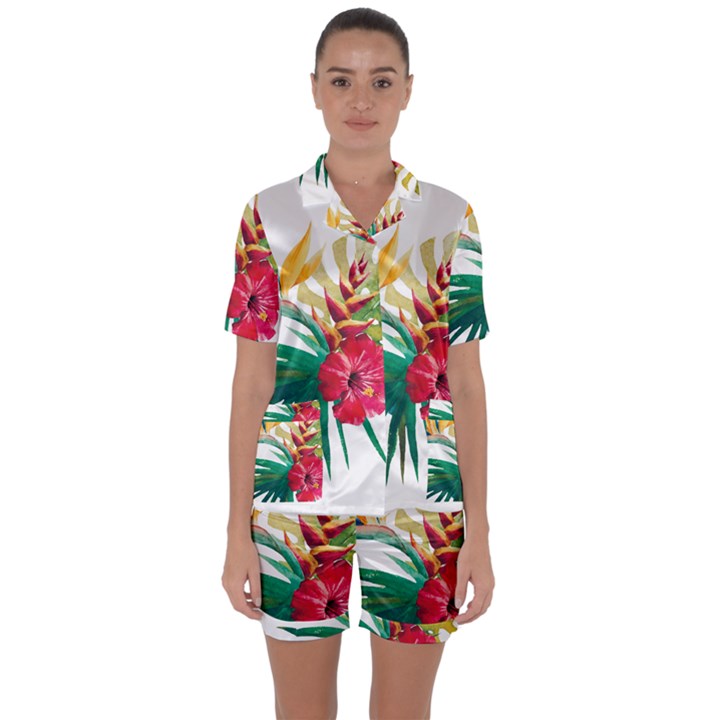 Tropical flowers Satin Short Sleeve Pyjamas Set