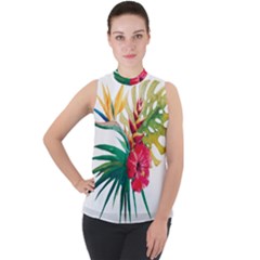 Tropical Flowers Mock Neck Chiffon Sleeveless Top by goljakoff