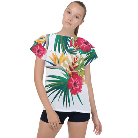 Tropical Flowers Ruffle Collar Chiffon Blouse by goljakoff