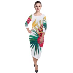 Tropical Flowers Quarter Sleeve Midi Velour Bodycon Dress by goljakoff