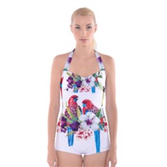 Tropical Parrots Boyleg Halter Swimsuit  by goljakoff